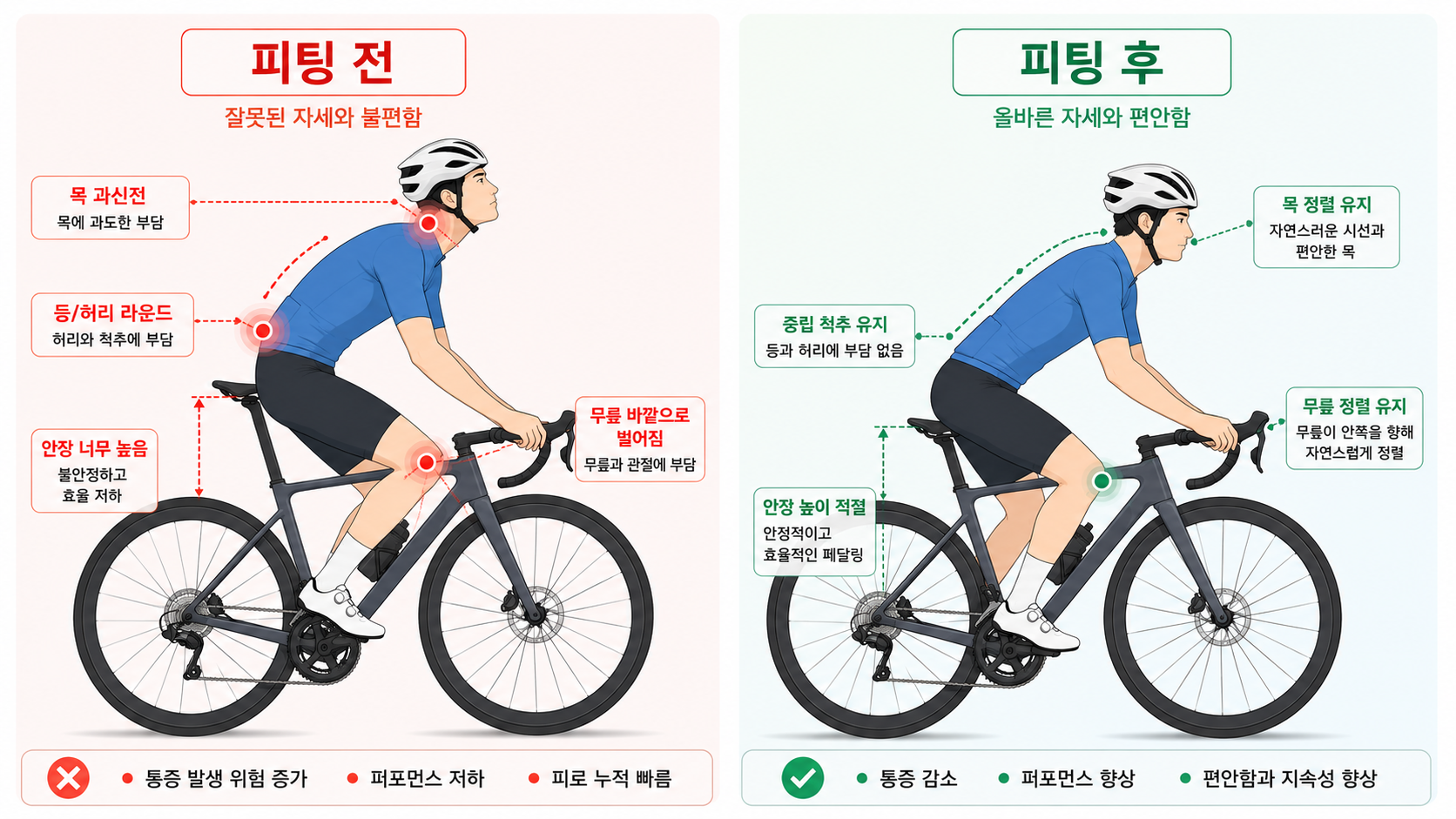 피팅 전과 후의 자세 비교 — 목·허리·무릎 통증 포인트와 개선