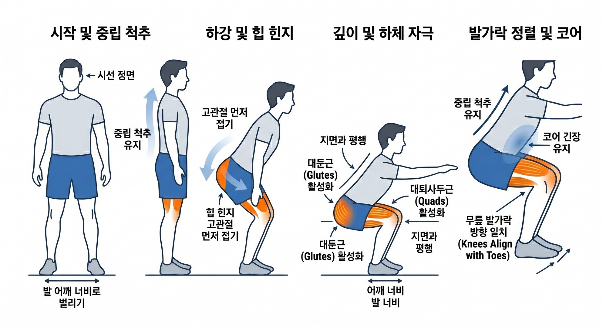 스쿼트 자세 가이드 — 시작·하강·깊이·발가락 정렬